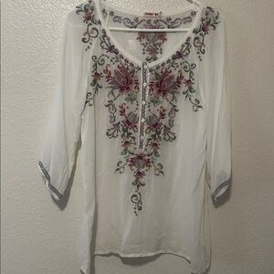 Johnny Was White Blouse with Purple and Pink Embroidery
